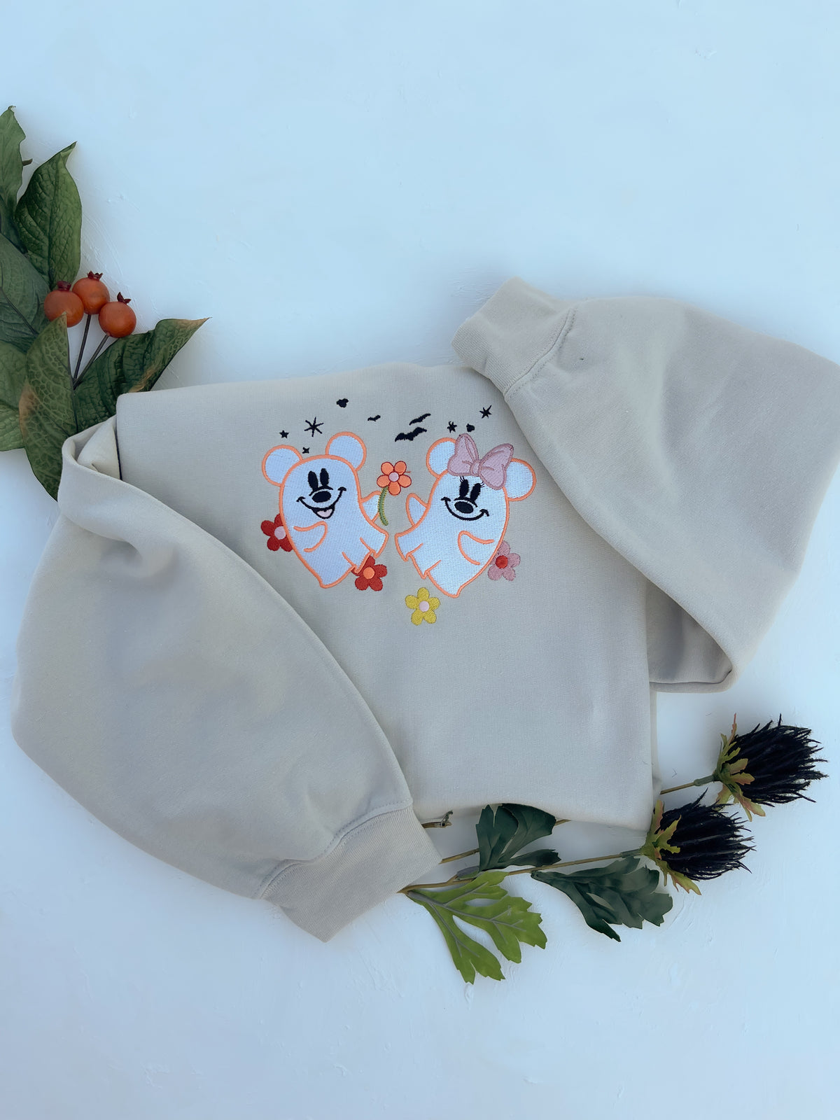 Mickey and Minnie Ghost Halloween Embroidered Adult Sweatshirt - Sand