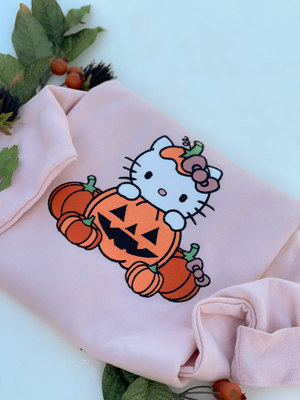 Hello Kitty Pumpkin Halloween Embroidered Adult Sweatshirt