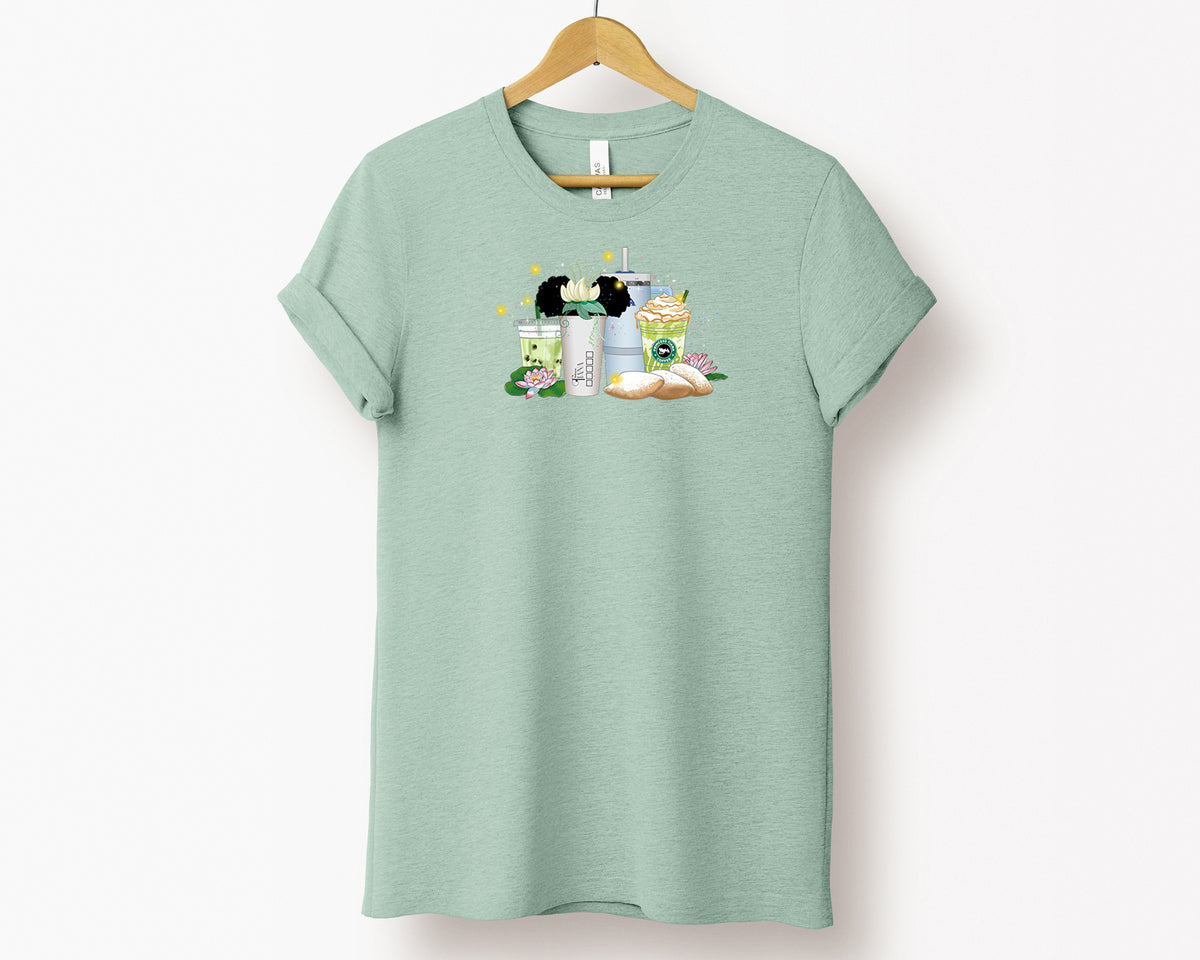 Pixi and Cass Princess Tiana Matcha and Cups Adult T-Shirt